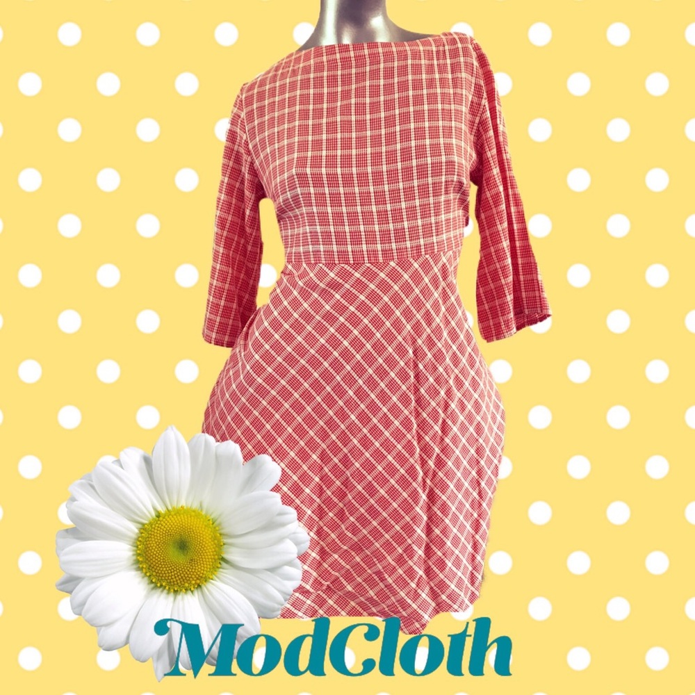 Modcloth Orange Gingham Quarter Sleeve Dress